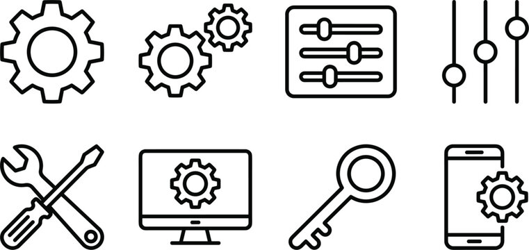 Settings vector icon set with outline gear cog configuration sliders and tech support development tools