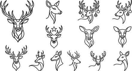 Deer head line art vector icon set with minimalist horned stag and christmas reindeer shapes © MdAungur