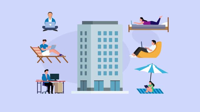 Hybrid Work and Remote Office Concept with People Working from Anywhere cartoon animation