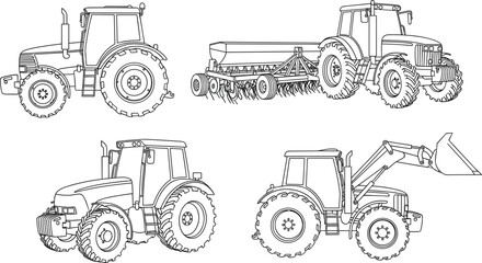 Farm tractor vector icon set with agricultural machinery outline and industrial heavy equipment shapes © MdAungur