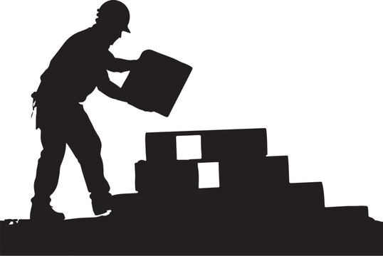 Silhouette of a worker building a brick wall, stacking bricks
