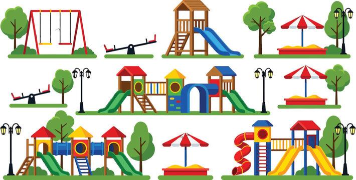 Children playground equipment set with slides swings and sandboxes in flat vector illustration for park design