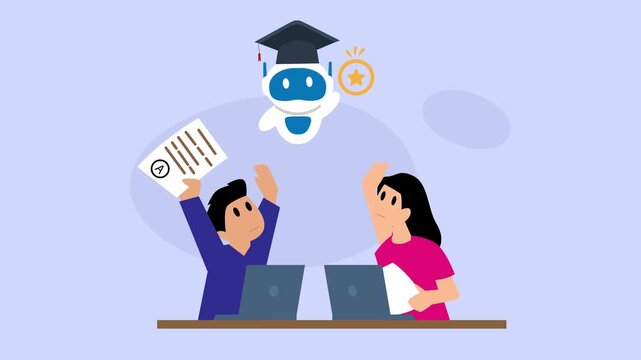 Students Celebrating Academic Success with AI Tutor Assistant cartoon animation