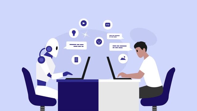 AI and Human Collaboration: Robot and Man Working Together on Laptops for Future Technology Solutions cartoon animation
