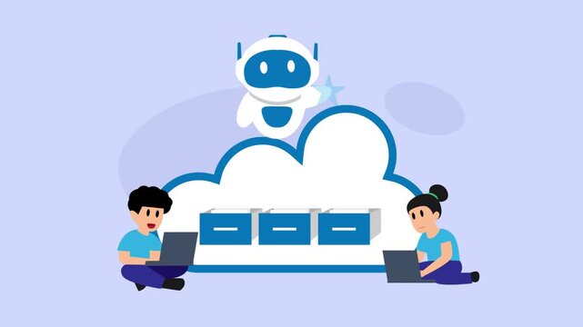 Team Managing Data Cloud Storage with AI Robot Assistant cartoon animation
