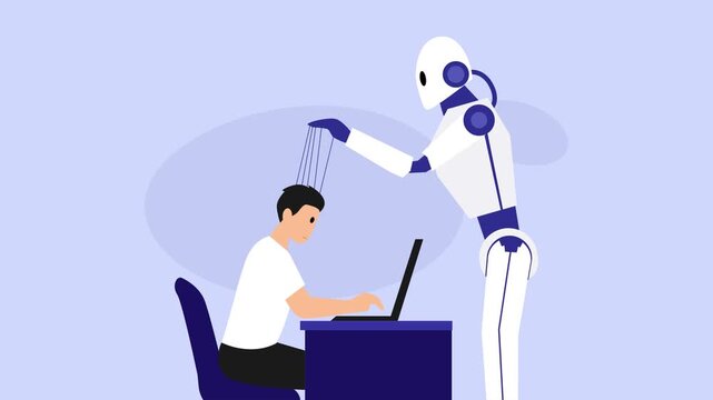 AI Controlling Human: Robot as Puppeteer Manipulating Man Working on Laptop, Concept of AI Dominance cartoon animation