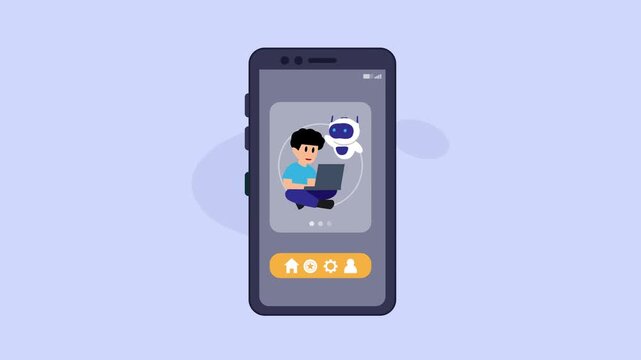 Mobile App Interface for AI Tutoring: Learning Platform with Student and Robot Assistant on Smartphone Screen cartoon animation