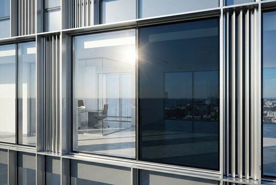 Contemporary corporate building featuring adjustable tint electrochromic smart windows