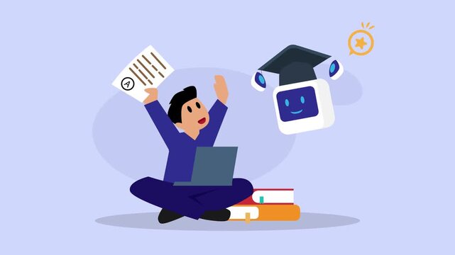 Student Achieving Academic Success with AI Tutor: Happy Student Holding A+ Grade Paper with Robot Teacher cartoon animation