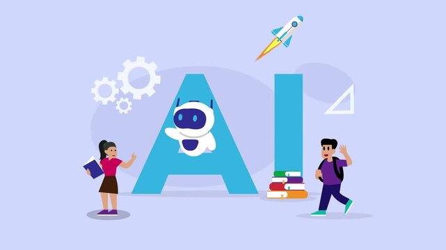 Future of Education with Artificial Intelligence: Students Learning with AI Robot, Books, and Rocket Concept cartoon animation
