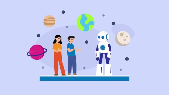 Space Exploration and Education with AI: Robot Guide Showing Planets and Solar System to Students cartoon animation