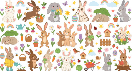 Fototapeta premium Cute Easter Bunny Vector Icon Set with Kawaii Cartoon Rabbits Spring Flowers and Decorative Eggs for Holiday Stickers and Graphic Designs