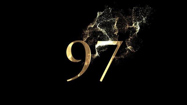 Golden number 97 from particles, numbering, ninety seven, golden numbers, alpha channel, numerology, beautiful golden numbers with particles on a transparent background