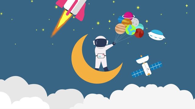Astronaut Standing on Crescent Moon Holding Planet Balloons in Outer Space Flat cartoon animation