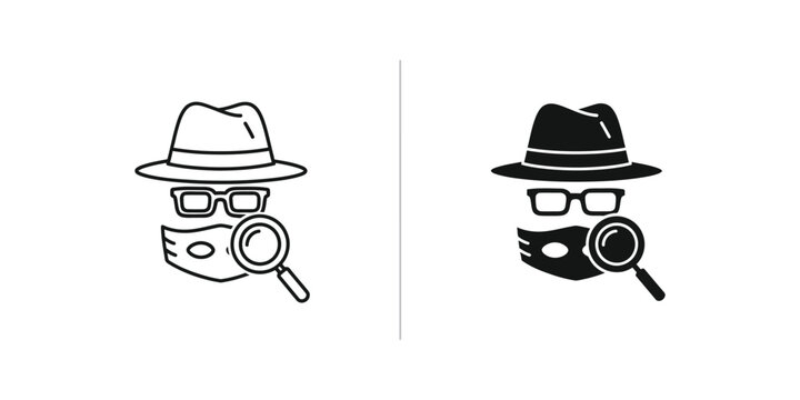 Detective or hacker character with hat glasses mask and magnifying glass in outline and solid black