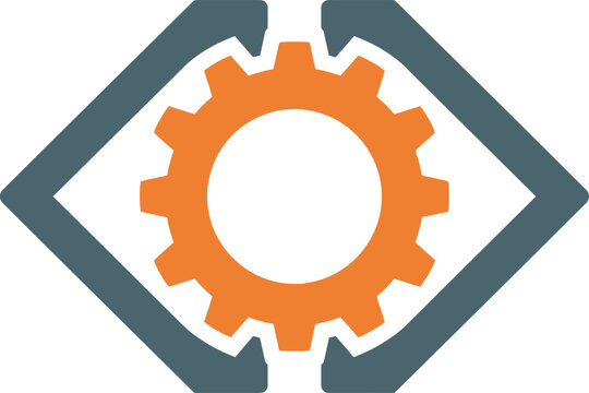 An editable gear mechanism vector illustration featuring a bright orange cogwheel encased within dark grey coding brackets. High-quality graphic asset for custom software and web development branding.