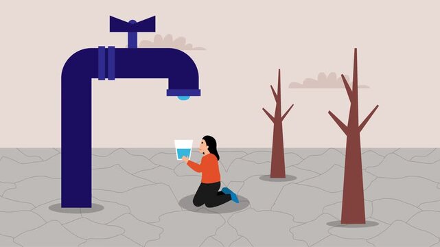 Woman Collecting Last Drops of Water from Giant Faucet in Cracked Desert Landscape Representing Global Water Scarcity cartoon animation
