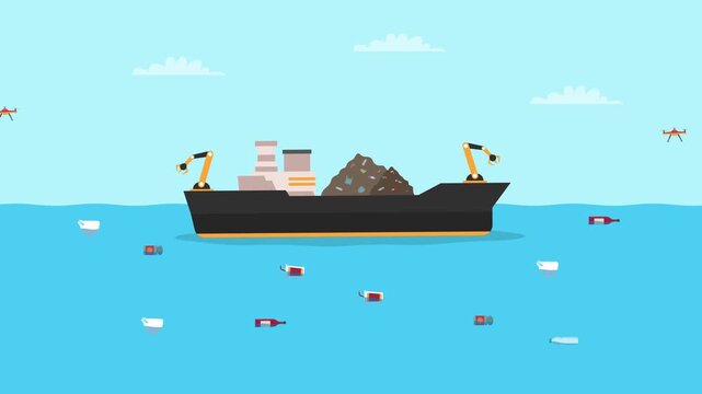 Industrial Ocean Cleanup Vessel and Drones Removing Plastic Waste and Trash from the Sea to Protect Marine Life cartoon animation