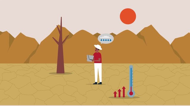 Farmer in Arid Desert Landscape Dreaming of Rain During Severe Drought and Rising Global Temperatures cartoon animation