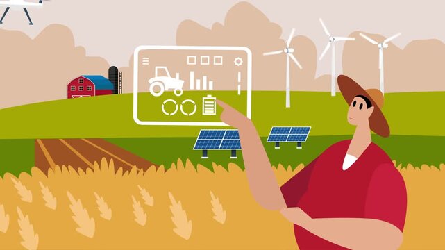 Smart Farming and Sustainable Agriculture Technology Illustration with Farmer Using Digital Interface, Drone, and Green Energy cartoon animation