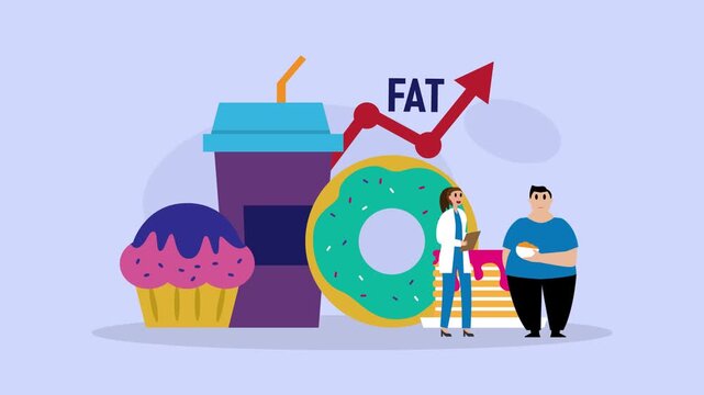 Obesity and Health Care Concept Illustration with Overweight Man, Doctor, and Junk Food cartoon animation