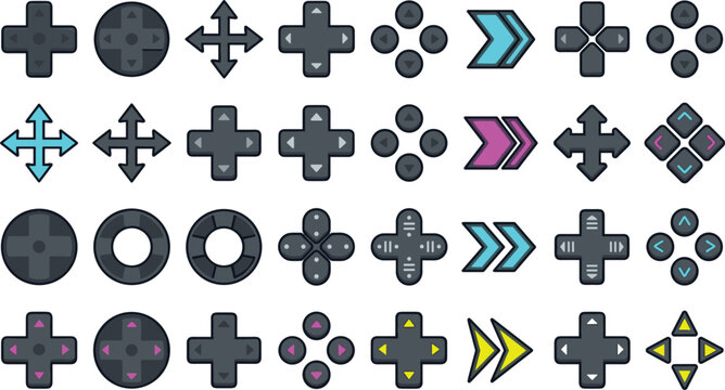 Directional Dpad Game Controller Buttons Vector Icon Set for Video Game Interface and Mobile Gaming Layouts