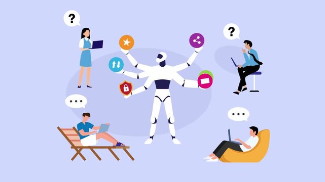 Multi-Armed AI Robot Assisting Remote Workers with Tasks, Security, and Communication cartoon animation
