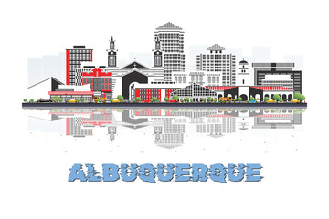 Obraz premium Albuquerque, New Mexico, USA skyline illustration with historic architecture modern buildings and reflection on white background.