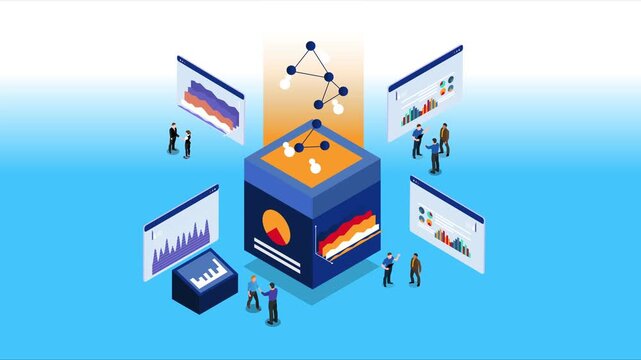 Data Analytics and Business Intelligence Concept with Professional Teams and Digital Charts 3d animation cartoon