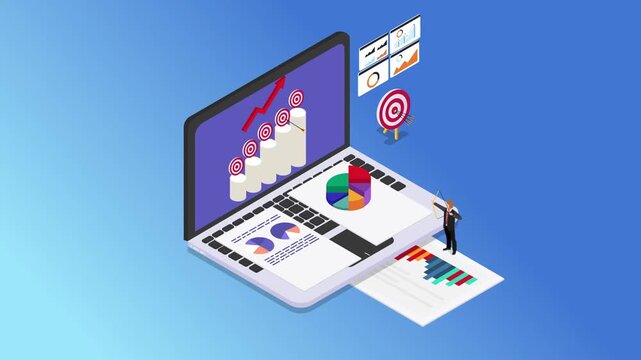 Business Growth and Precision Marketing Isometric Concept with Laptop and Data Analytics 3d animation cartoon