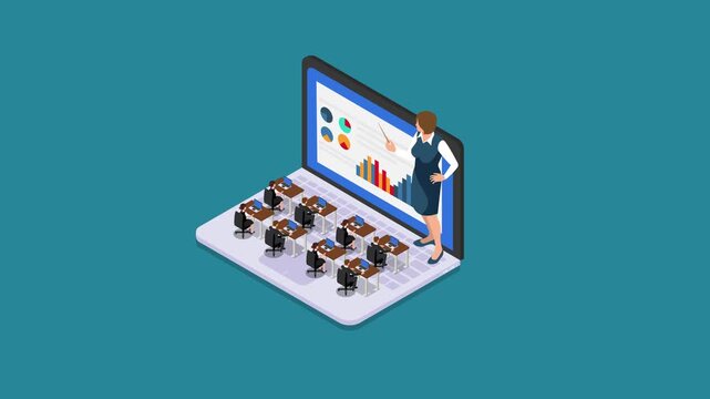 Online Education and Corporate Training Concept with Teacher and Students on Laptop 3d animation cartoon