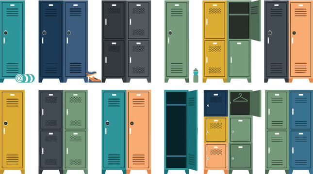 School and Gym Locker Vector Icon Set Featuring Colorful Metal Cabinets for Changing Rooms, Sports Facilities, High School Corridors, and Fitness Centers