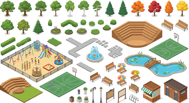 Isometric city park elements set with playground trees benches sports court and pond for urban landscape design