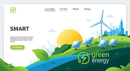 Fototapeta premium Eco friendly energy, renewable power, solar panels, wind turbines, green technology