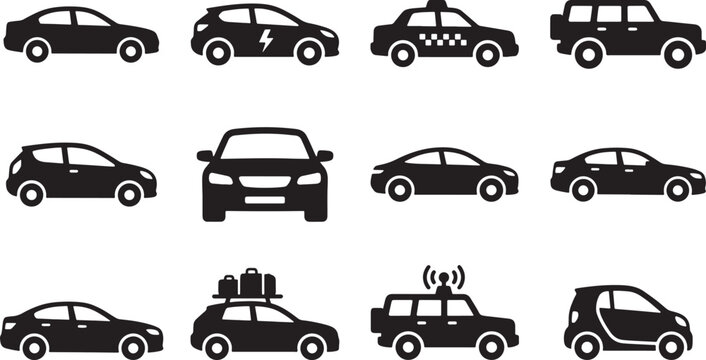 Set of black car icons featuring various vehicle types and silhouettes for transportation and automotive design projects