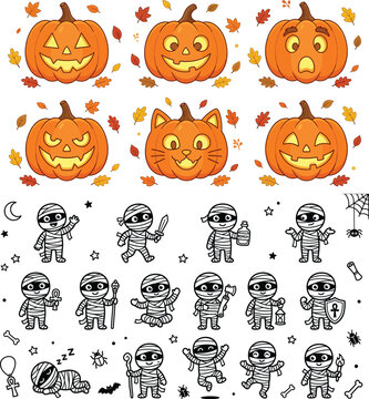 Halloween jack o' lanterns and mummy characters collection for seasonal decorations
