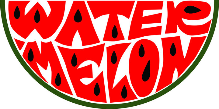 Watermelon Calligram. Hand Drawn Lettering. Typography Word Watermelon on Watermelon Slice Shape with Seeds. Summer Fruit Illustration for T-shirt, Poster, Sticker, Print Design.