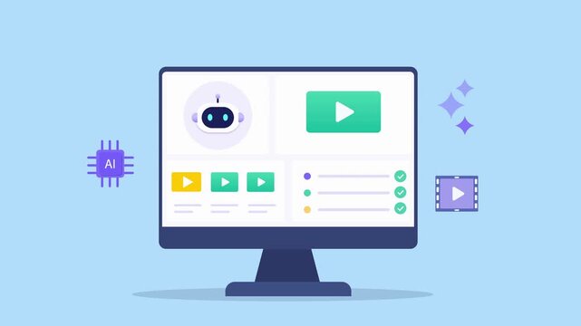 Animated flat vector dashboard featuring an AI assistant, video player, media controls, and digital interface. Modern technology animation for video management, automation, and content workflow.