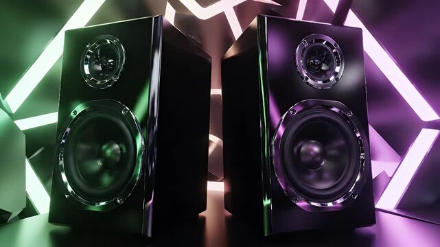 Two modern black speakers are illuminated by neon blue and green lights in a futuristic setting.