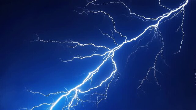 Sharp electric blue lightning bolt striking across a dark pitch black stormy night sky void.