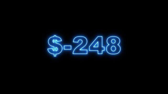 Futuristic blue neon dollar number countdown animation from -500 to 0 on black background. Glowing neon negative numbers from -500 to Zero.