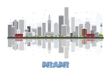 Obraz premium Miami, Florida, USA skyline illustration with historic architecture modern buildings and reflection on white background.