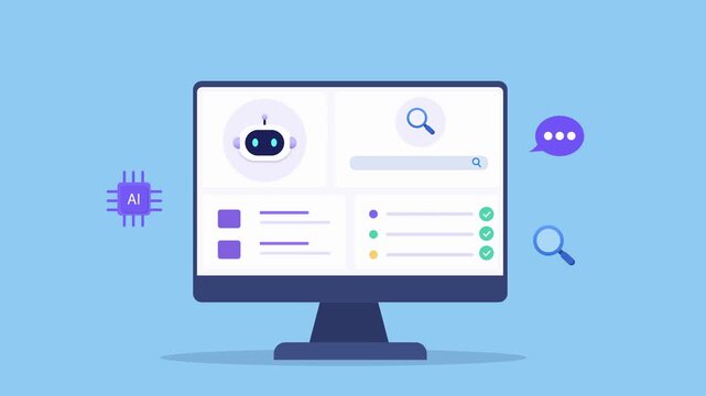 Animated flat vector dashboard featuring an AI assistant, search interface, magnifying glass, and communication icons. Modern technology animation for information retrieval and digital workflow.