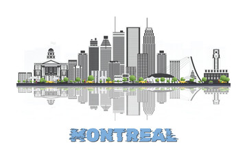Obraz premium Montreal, Canada skyline illustration with historic architecture modern buildings and reflection on white background.