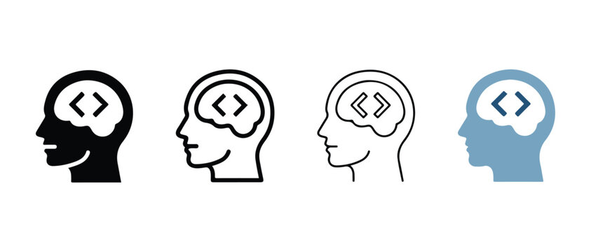 human head icons with coding symbols in brain  representing programming and development concepts
