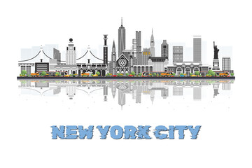 Obraz premium New York City, New York, USA skyline illustration with historic architecture modern buildings and reflection on white background.