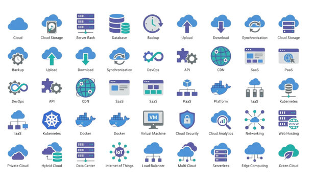 Cloud Computing Icon Set &ndash; Cloud Storage, Server, Database, Backup, DevOps Premium Editable Vector Collection