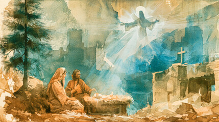 Fototapeta premium Mary and Joseph sit next to a manger holding baby Jesus. The scene is set in a stable with a bright light shining down. Animals are present around them