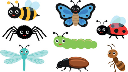 Cute cartoon insect vector character set featuring a smiling bee butterfly ladybug spider caterpillar dragonfly beetle and ant collection on white © Sumaiya Akter Sweety