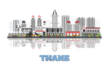 Obraz premium Thane, India skyline illustration with historic architecture modern buildings and reflection on white background.